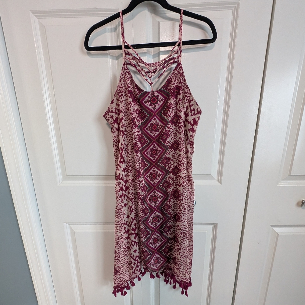 Maurices Burgundy and White Tassel Hem Patterned Mini Sun Dress